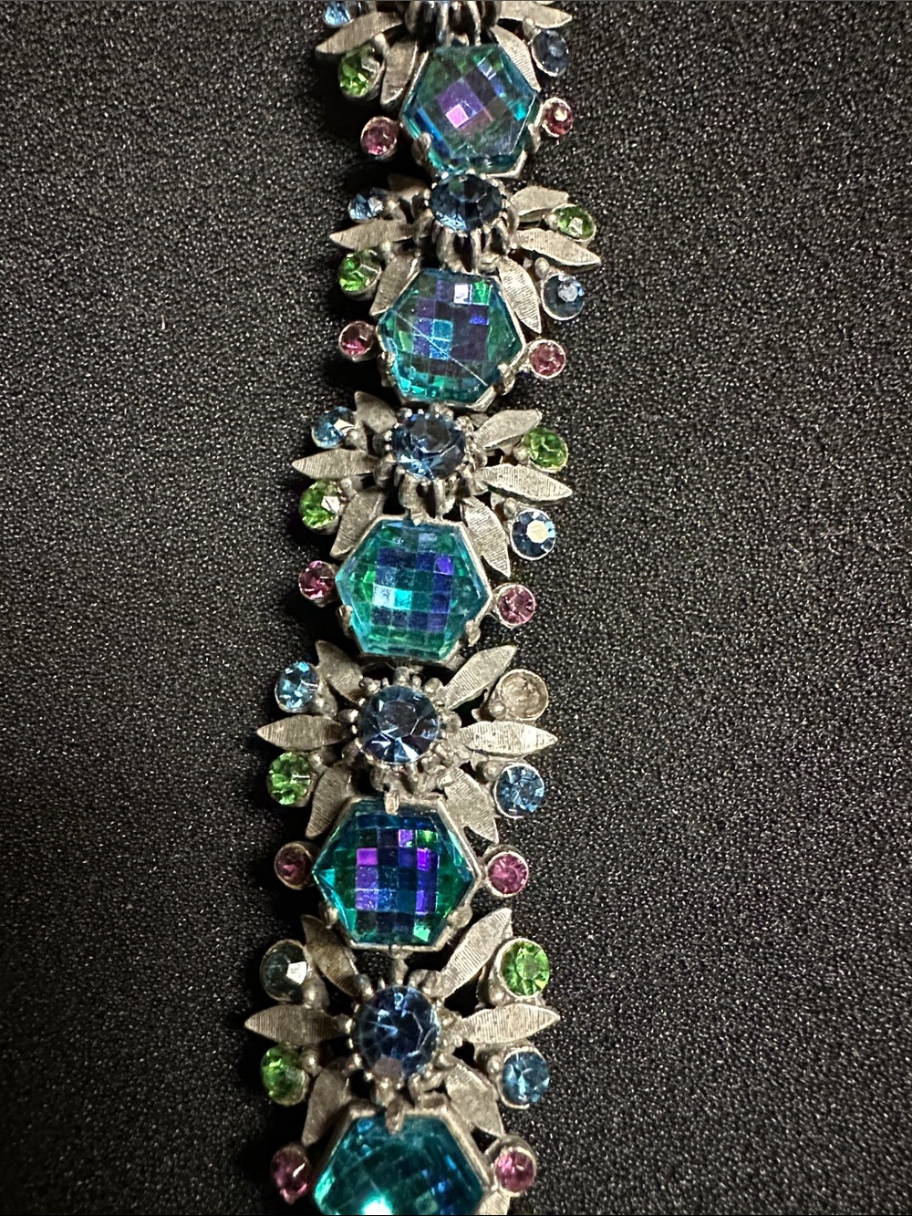 Vintage Signed FLORENZA Blue Aurora Borealis Rhinestone Link Bracelet (As-Is) - Picture 7 of 16